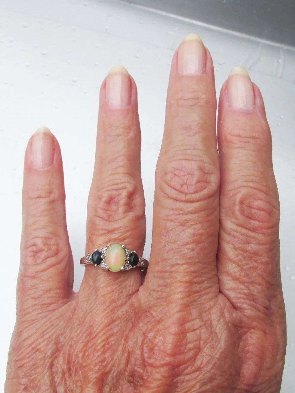 Vintage Sterling Silver Oval FIRE & BLUE OPAL Ring Sz 8